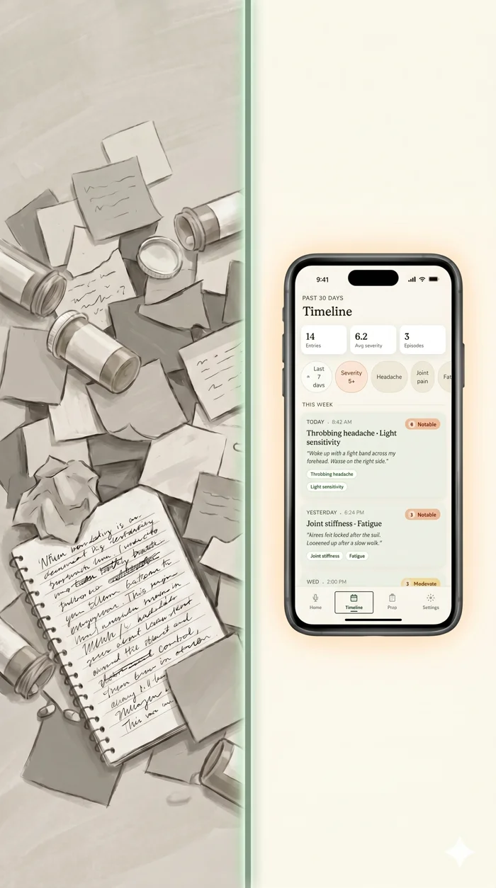 Before: a greyscale pile of notes and pill bottles. After: a clean, glowing CareMind timeline on a phone.
