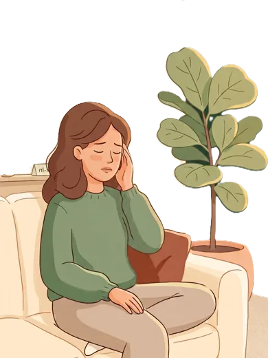Illustration of a woman with a headache, symptom tags floating around her.