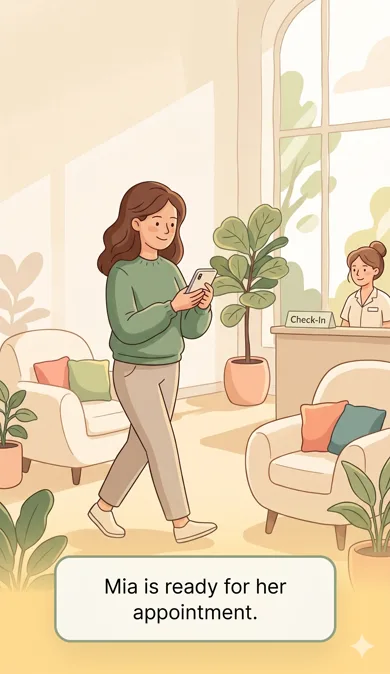 Mia walking confidently into her doctor appointment, CareMind summary ready.