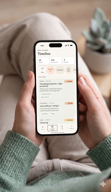 CareMind's symptom timeline open on a phone held in someone's hands